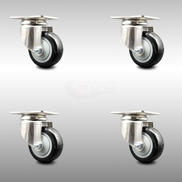 3 Inch 316SS Black Polyurethane Wheel Swivel Top Plate Caster Set
